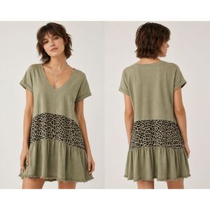 New UMGEE S 4 6 8 Sage Green V-Neck Solid Cheetah Tiered Short Dress Ruffle Hem